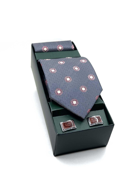 Gri Mendilli Kravat Kahve Kol Düğmesi Hediye Seti OS565