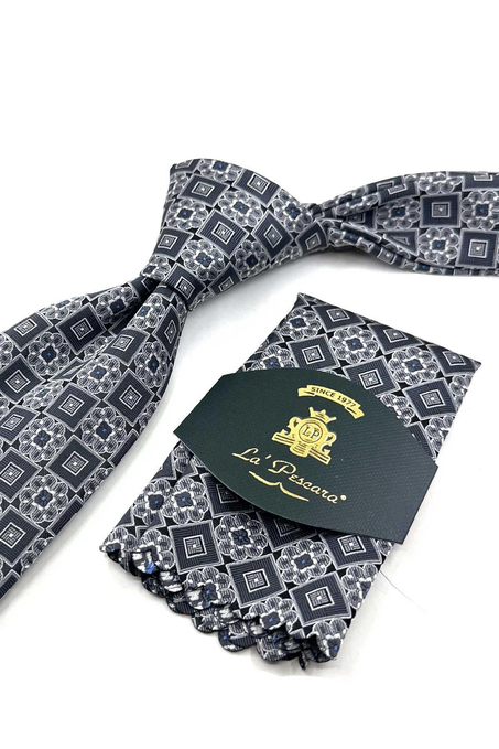 Gri Motif Desen Mendilli Klasik Kravat KK13954