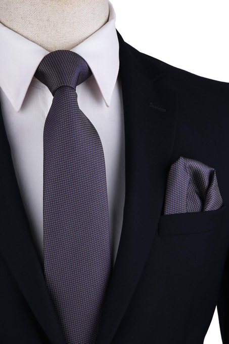 Gri Nokta Desen Mendilli Klasik Kravat KK10350