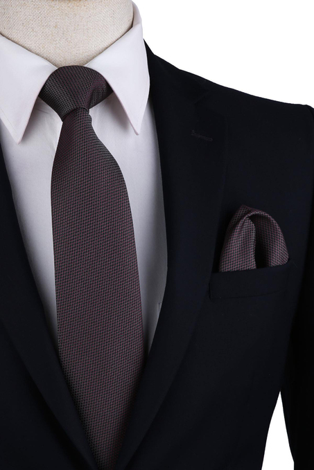 Gri - Siyah Nokta Desen Mendilli Klasik Kravat KK10358