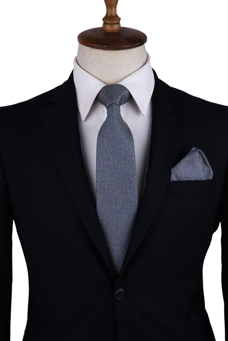 Gri - Yeşil Kum Desen Mendilli Klasik Kravat KK10505