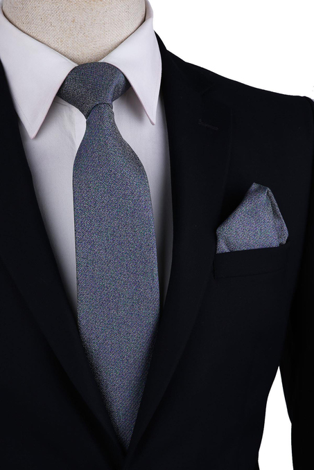 Gri - Yeşil Kum Desen Mendilli Klasik Kravat KK10505