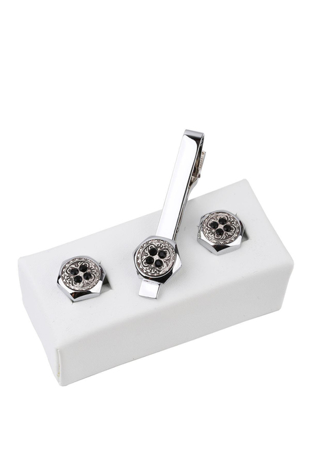 Gümüş Renk Kol Düğmesi ve Kravat İğnesi Set KD971