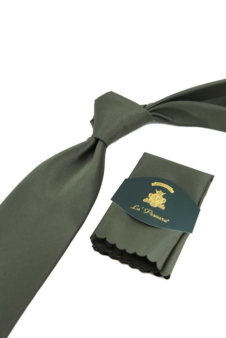 Haki Reps Dokulu Düz Mendilli Klasik Kravat KK13182