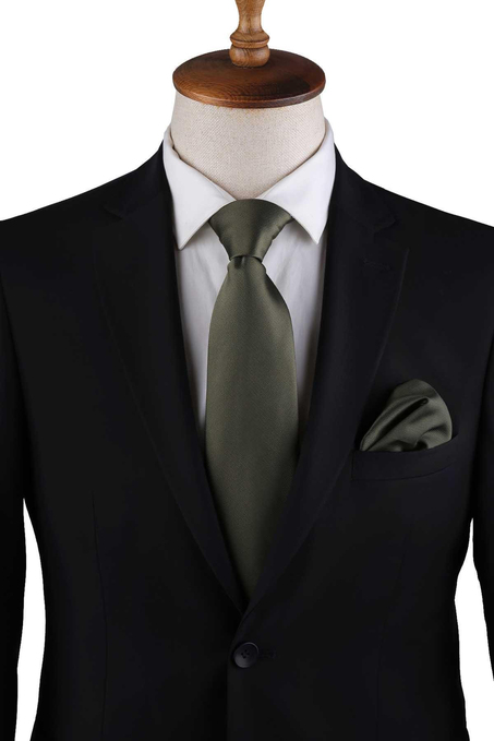 Haki Reps Dokulu Düz Mendilli Klasik Kravat KK13182