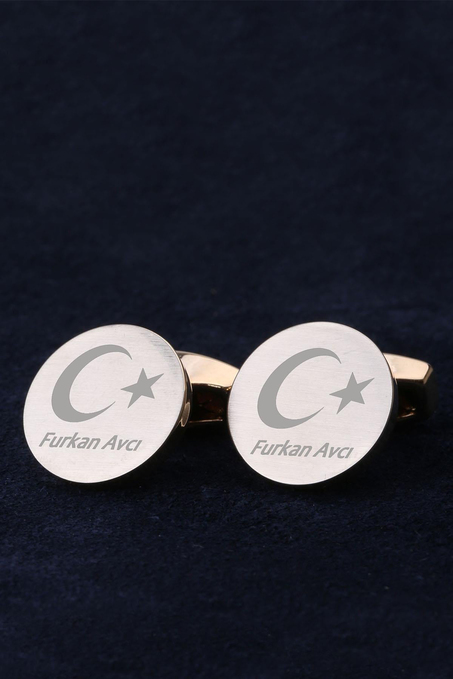 İsme Özel Ay Yıldız Erkeğe Hediye Altın Renk Kol Düğmesi