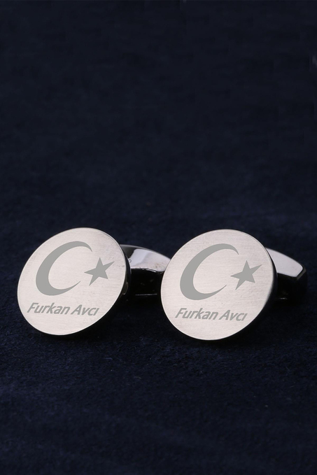 İsme Özel Ay Yıldız Erkeğe Hediye Füme Renk Kol Düğmesi