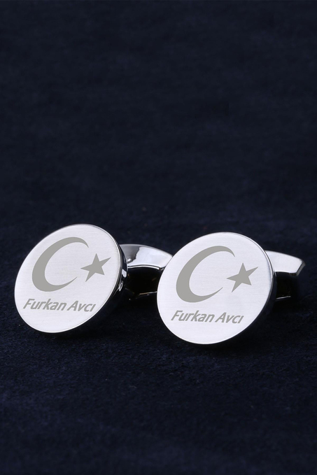 İsme Özel Ay Yıldız Erkeğe Hediye Gümüş Renk Kol Düğmesi
