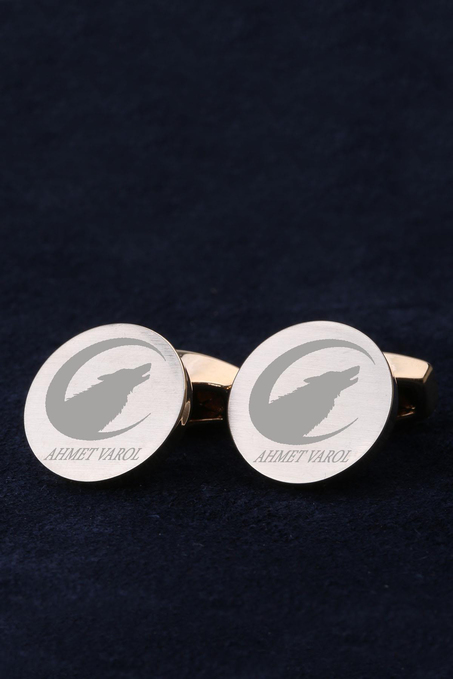 İsme Özel Erkeğe Hediye Kurt Motif Altın Renk Kol Düğmesi