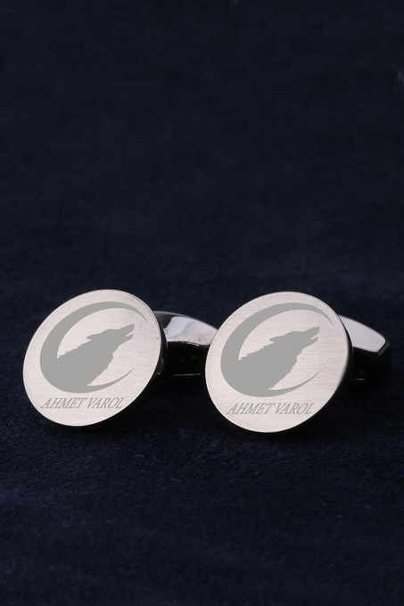 İsme Özel Erkeğe Hediye Kurt Motif Füme Renk Kol Düğmesi