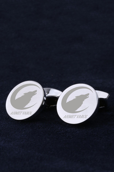 İsme Özel Erkeğe Hediye Kurt Motif Gümüş Renk Kol Düğmesi