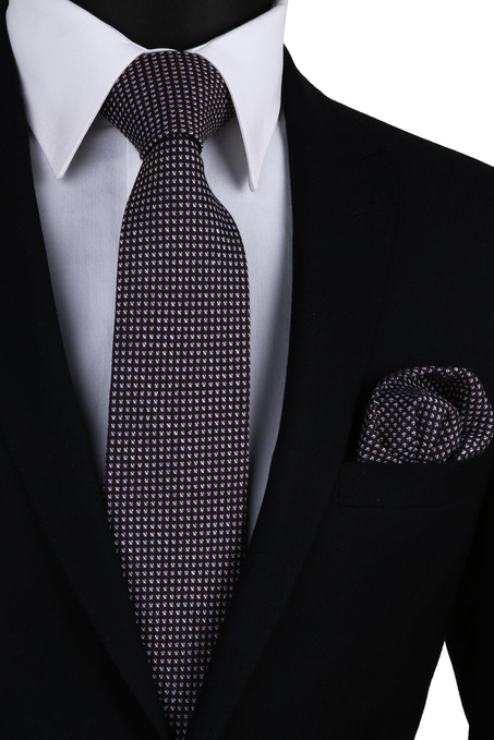 Kahve - Laci Küçük Desen Mendilli Klasik Keten Kravat KK9160