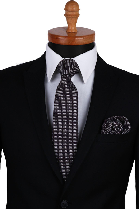 Kahve - Laci Küçük Desen Mendilli Klasik Keten Kravat KK9160