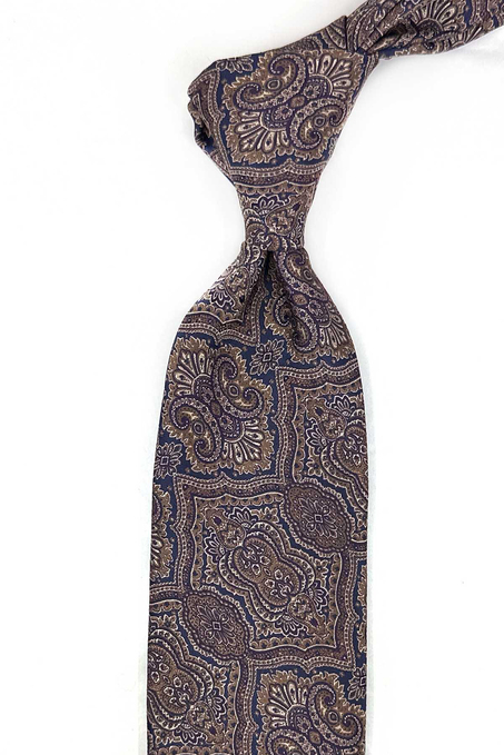 Kahve - Lacivert Motif Desen Mendilli Klasik Kravat KK13325