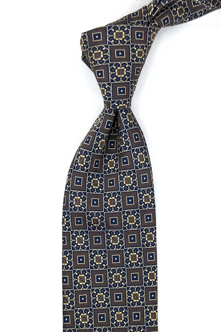 Kahve Lacivert Motif Desen Mendilli Klasik Kravat KK13953