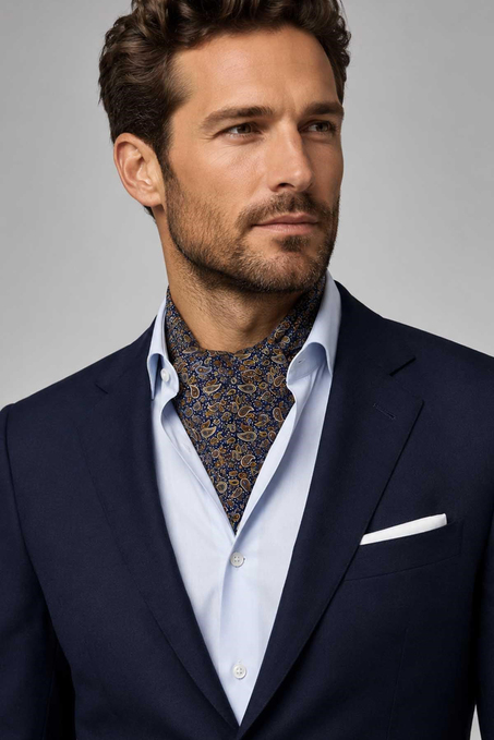 Kahve Lacivert Şal Desen İtalyan İpek Ascot Kravat SAC141