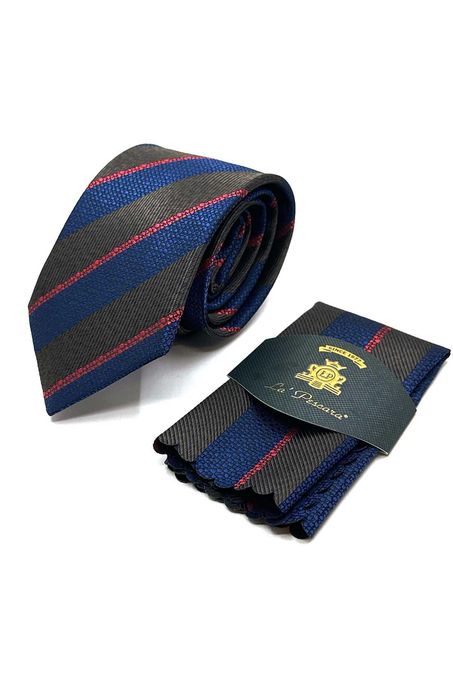 Kahve - Mavi Çizgi Desen Mendilli Klasik Kravat KK13107