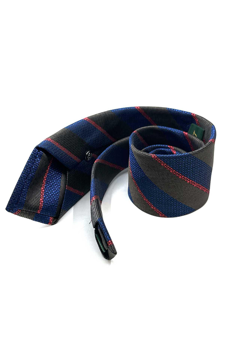 Kahve - Mavi Çizgi Desen Mendilli Klasik Kravat KK13107