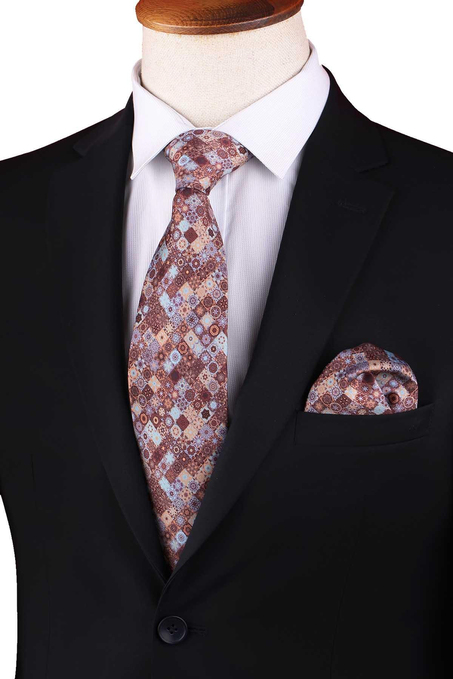 Kahve - Mavi Motif Desen Baskılı Mendilli Klasik Kravat KK13341