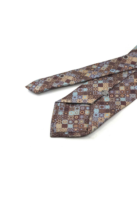 Kahve - Mavi Motif Desen Baskılı Mendilli Klasik Kravat KK13341
