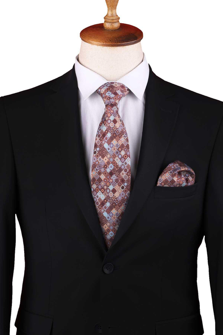 Kahve - Mavi Motif Desen Baskılı Mendilli Klasik Kravat KK13341