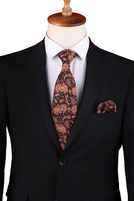 Kahve Şal Desen Baskılı Mendilli Klasik Kravat KK13353