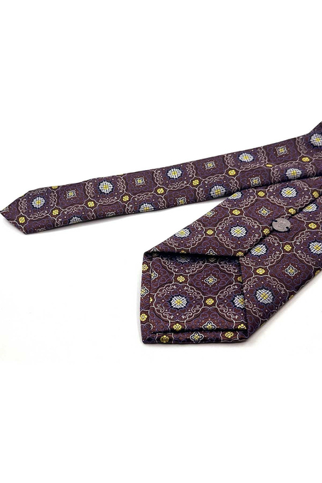 Kahve Sarı Motif Desen Mendilli Klasik Kravat KK13758