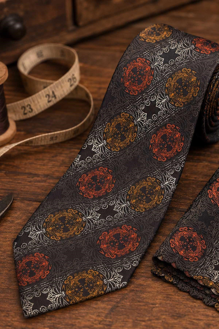 Kahve Turuncu Motif Desen Mendilli Klasik Kravat KK13724