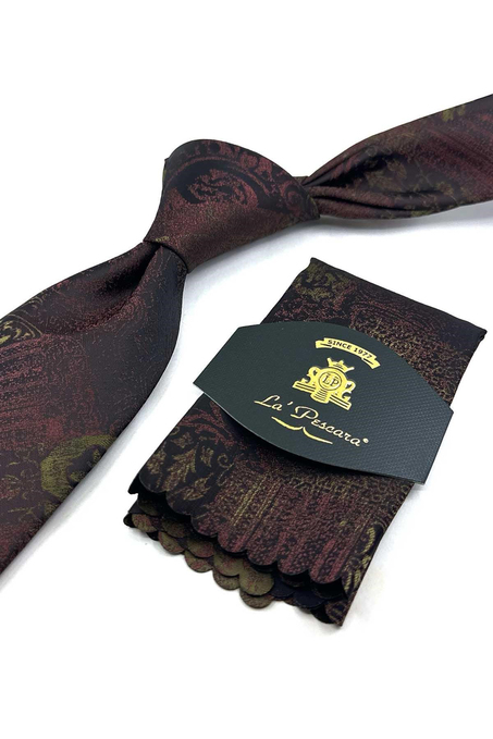 Kahve Yeşil Motif Desen Mendilli Klasik Kravat KK13968