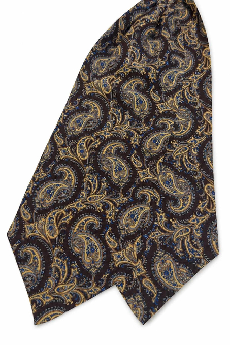 Kahverengi Bej Şal Desen İtalyan İpek Ascot Kravat SAC110