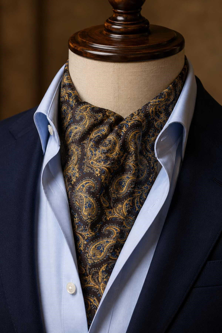 Kahverengi Bej Şal Desen İtalyan İpek Ascot Kravat SAC110