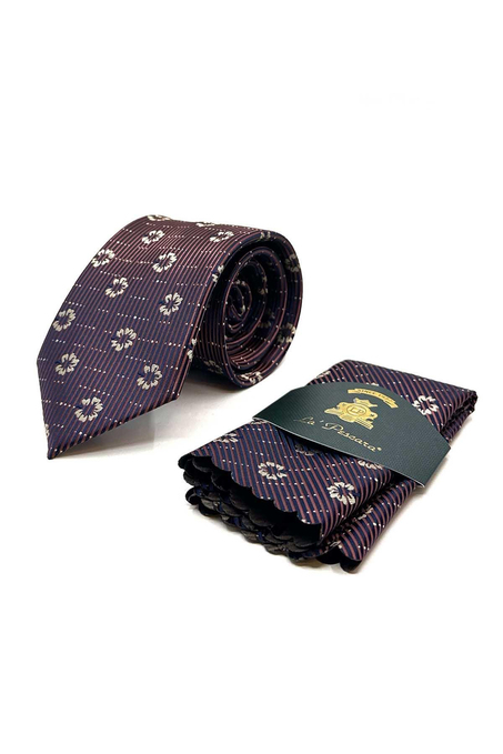 Kahverengi Çiçek Desen Mendilli Klasik Kravat KK13019