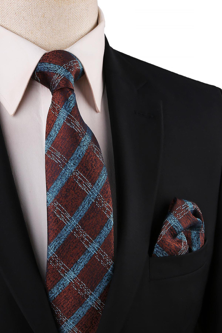 Kahverengi Ekose Desen Mendilli Klasik Kravat KK10756