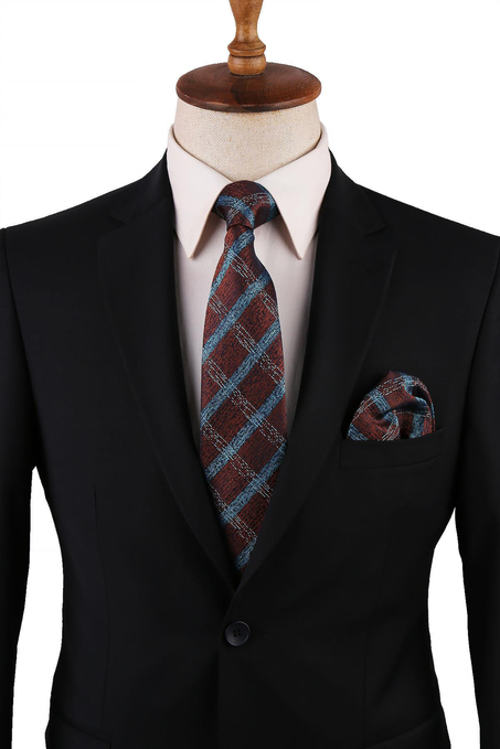 Kahverengi Ekose Desen Mendilli Klasik Kravat KK10756