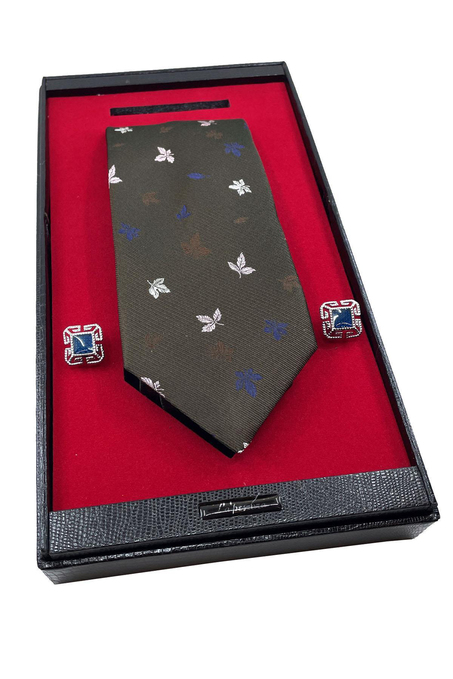 Kahverengi İtalyan İpek Kravat Çelik Kol Düğmesi Erkek Hediye Seti SKS