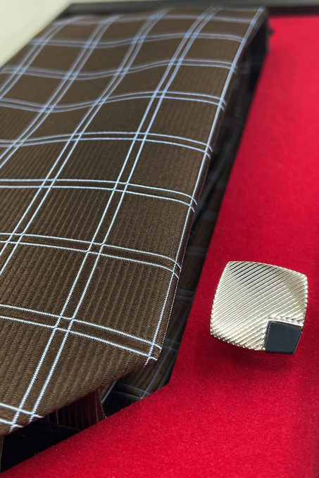 Kahverengi İtalyan İpek Kravat Çelik Kol Düğmesi Erkek Hediye Seti SKS