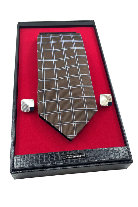 Kahverengi İtalyan İpek Kravat Çelik Kol Düğmesi Erkek Hediye Seti SKS