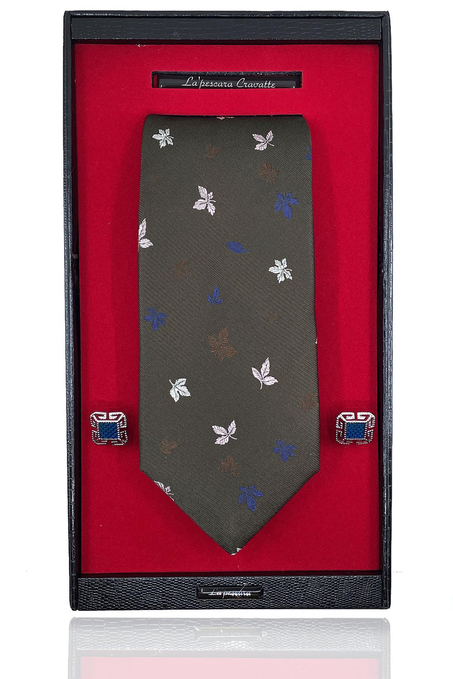 Kahverengi İtalyan İpek Kravat Çelik Kol Düğmesi Erkek Hediye Seti SKS