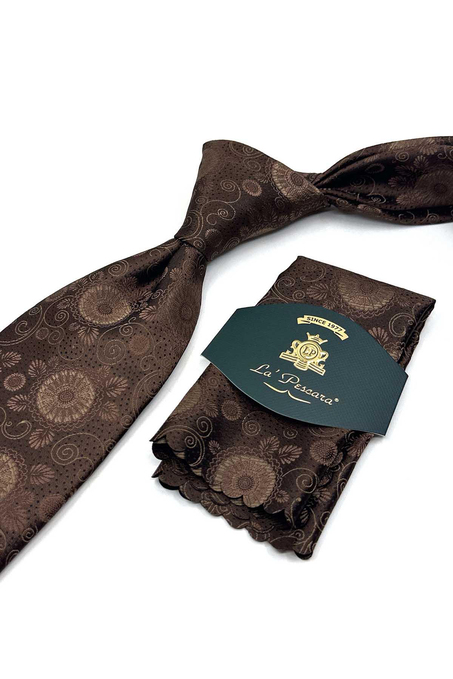 Kahverengi Motif Desen Mendilli Klasik Kravat KK13588