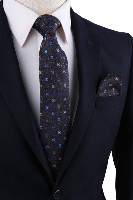 Kahverengi Motif Desen Mendilli Klasik Kravat KK10280