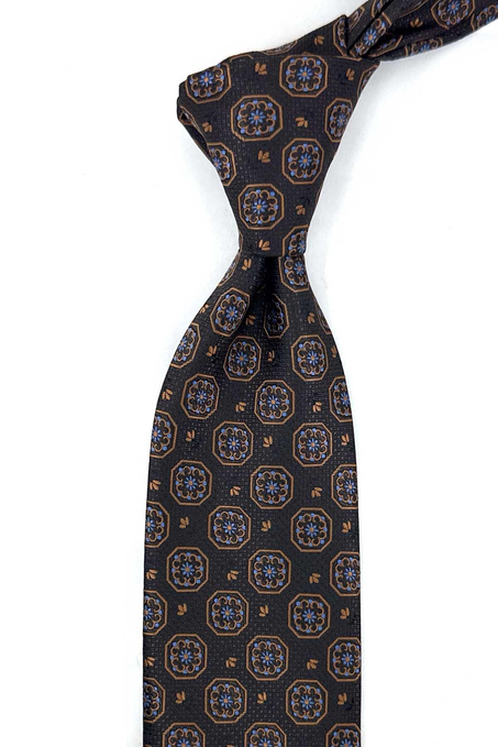 Kahverengi Motif Desen Mendilli Klasik Kravat KK13950