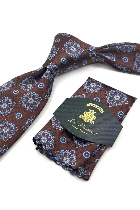 Kahverengi Motif Desen Mendilli Klasik Kravat KK13735