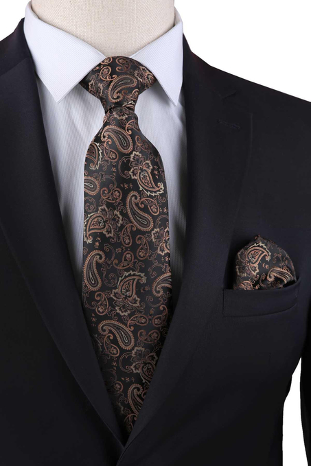 Kahverengi Şal Desen Mendilli Klasik Kravat KK13121