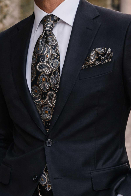 Kahverengi Şal Desen Mendilli Klasik Kravat KK13121