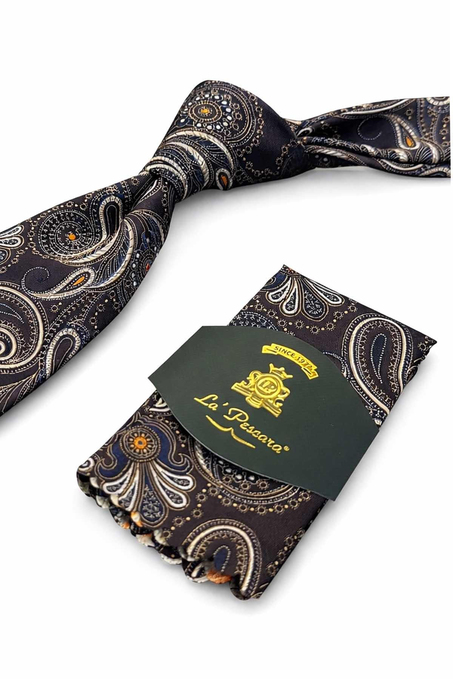 Kahverengi Şal Desen Mendilli Klasik Kravat KK13121