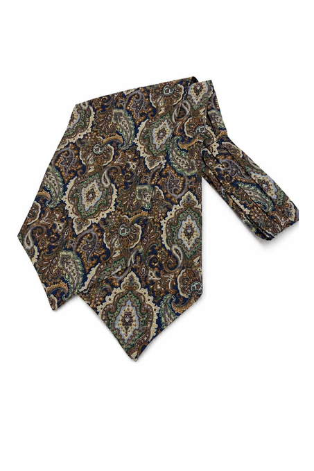 Kahverengi Yeşil Şal Desen İtalyan İpek Ascot Kravat SAC94
