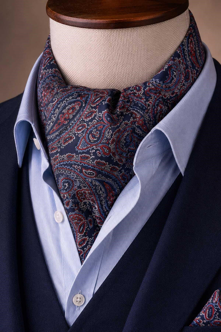 Kırmızı Lacivert Şal Desen İtalyan İpek Ascot Kravat SAC67