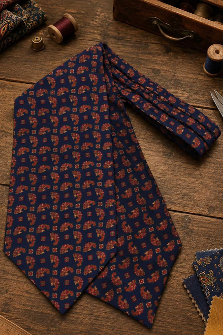 Kırmızı Lacivert Şal Desen İtalyan İpek Ascot Kravat SAC68