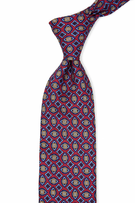 Kırmızı - Mavi Motif Desen İtalyan İpek Kravat İK2481