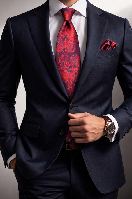Kırmızı Şal Desen Mendilli Klasik Kravat KK13210